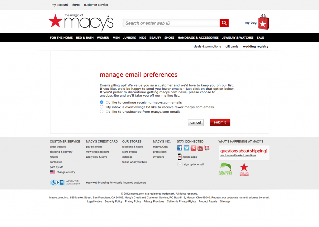 Macy's Unsubscribe Page